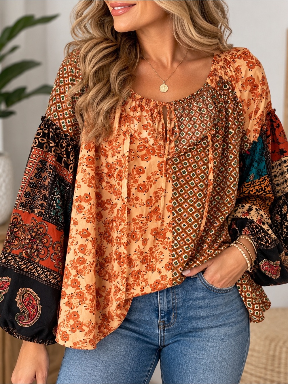 Easel Top Camel Vintage Boho Printed Challis Blouse Size Large